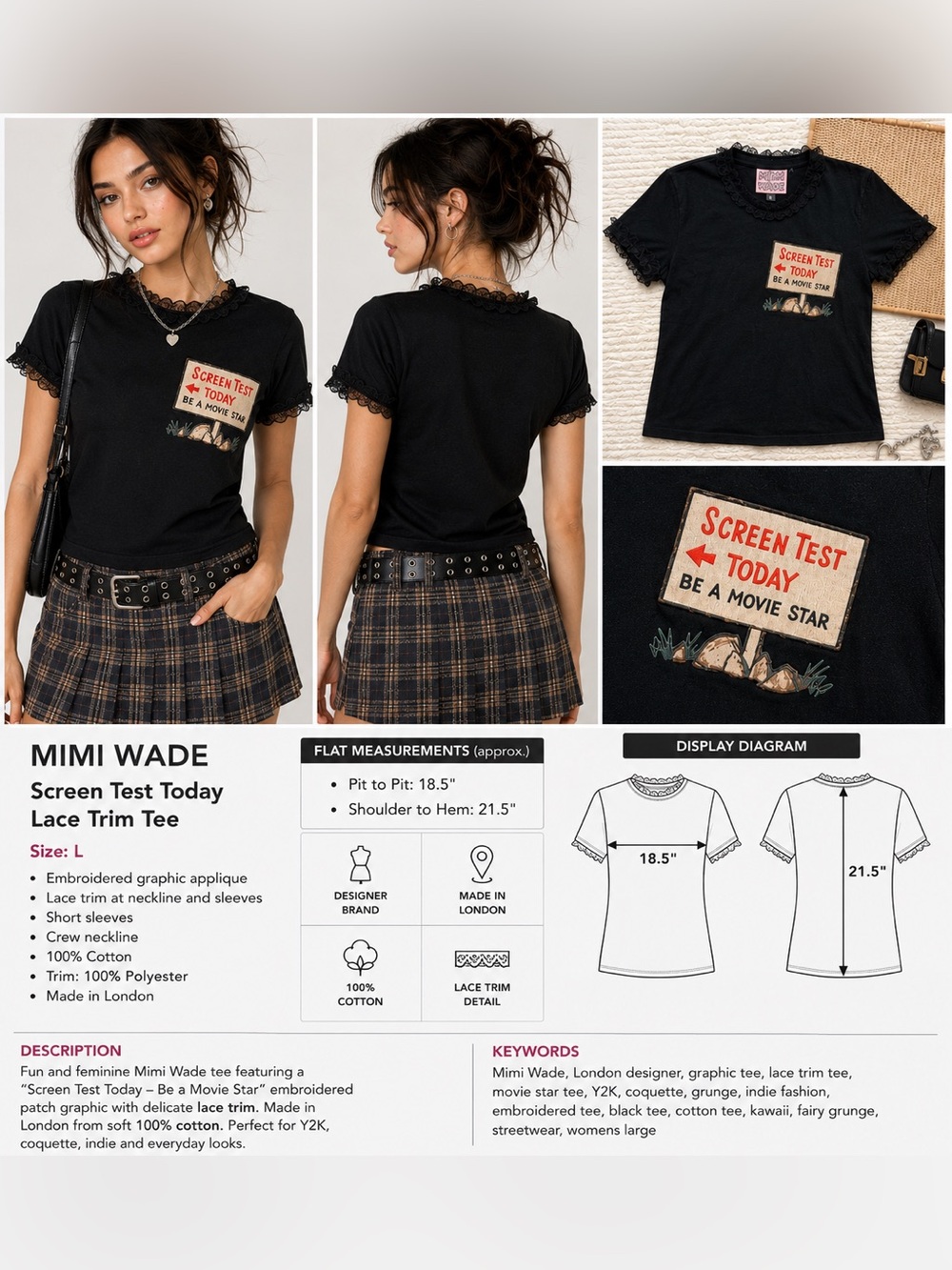 Mimi Wade Black Screen Test Today Graphic Tee Lace Trim Cotton T-Shirt Size L
